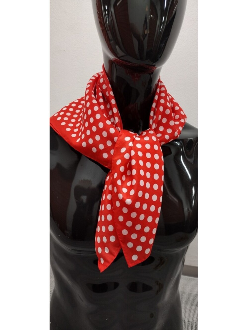 Vintage 1970s White Polka Dots Scarf 26 x 26 Red Orange Acetate Hand Rolled Edge